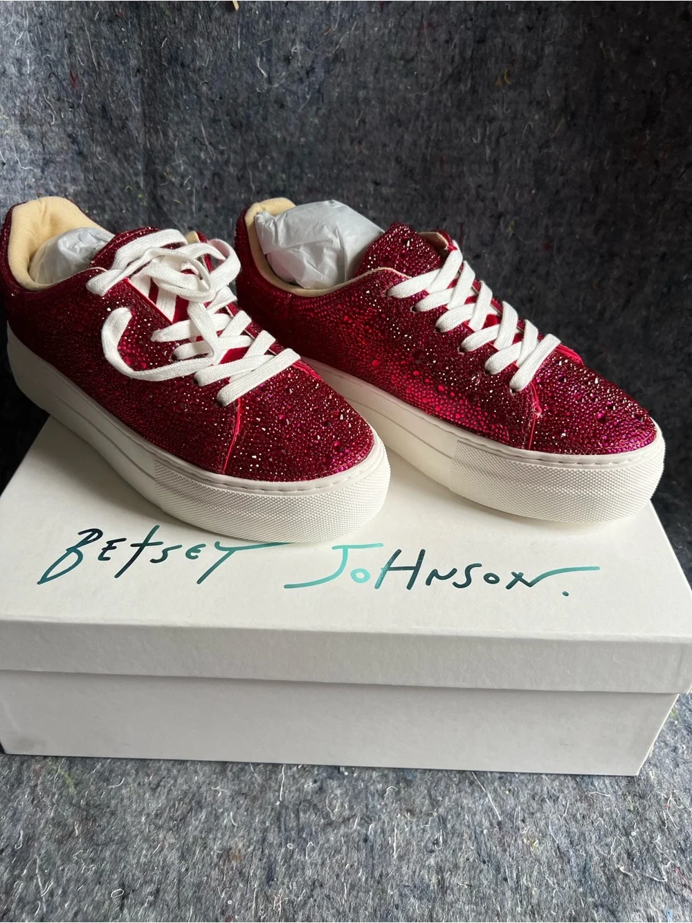 Betsey Johnson Sidny Red beaded Platform Sneakers with White Soles